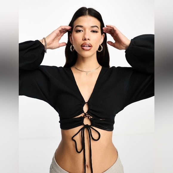 ASOS Linen Cotton Long Puff Sleeve Top Lace Up Black Deep V Front Y2K 4 S - Picture 1 of 12